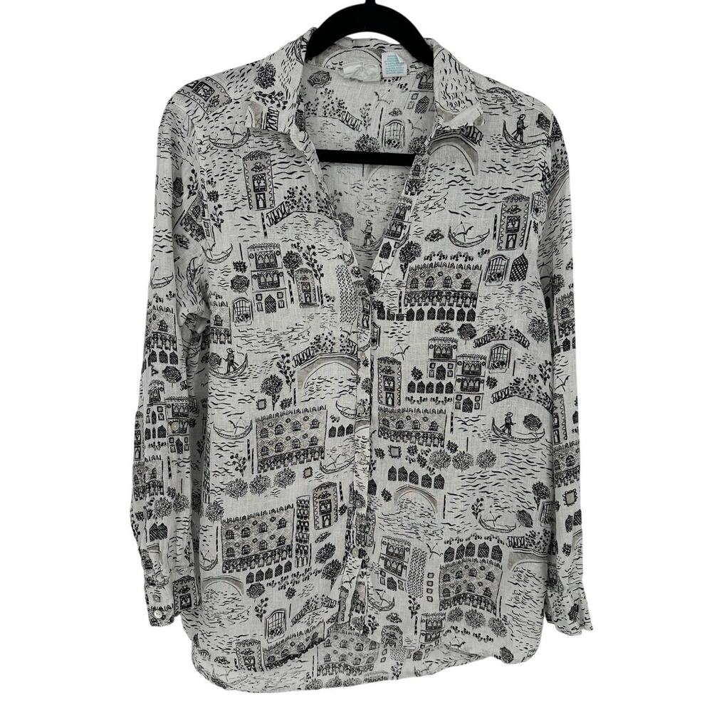 Cynthia Rowley White Linen Long Roll Sleeve Button-Up Top Black Artsy Print M